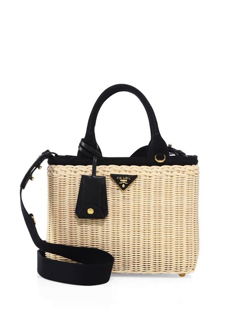 prada midollino large leather trimmed canvas and wicker tote|Prada Wicker Midollino .